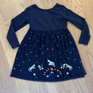 EUC Hanna Andersson Navy Long-Sleeve Unicorn & Star Embroidered Dress, size 5